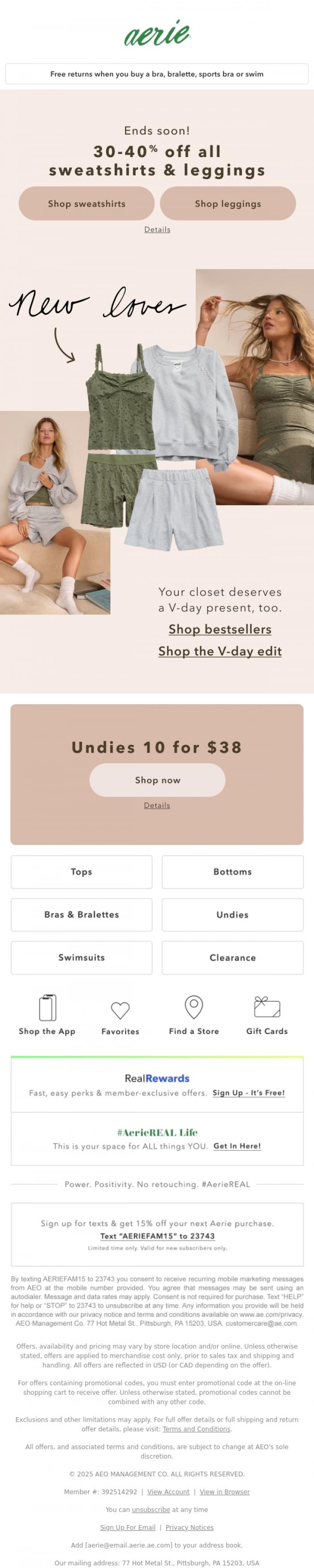 Email Design Inspiration from Aerie's Labor Day Sale, New loves arrived just in time to celebrate V-day ❤️💗💌