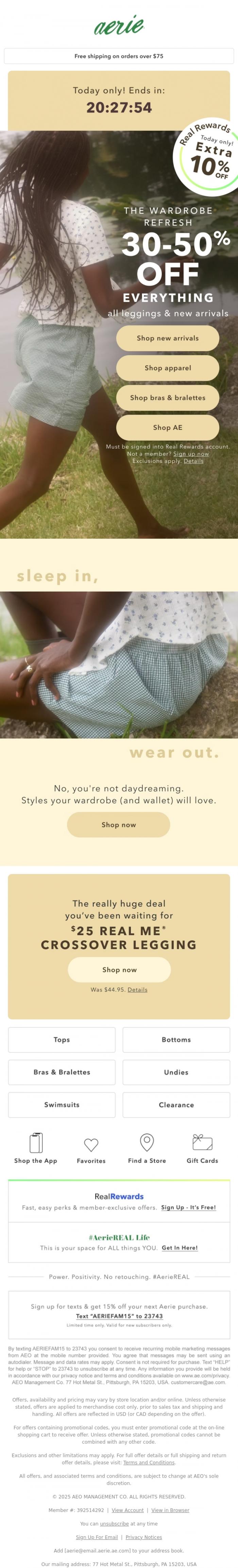Email Design Inspiration from Aerie's Labor Day Sale, TODAY ONLY! Extra 10% off for Real Rewards members + don't miss The Wardrobe Refresh Sale! ⏰