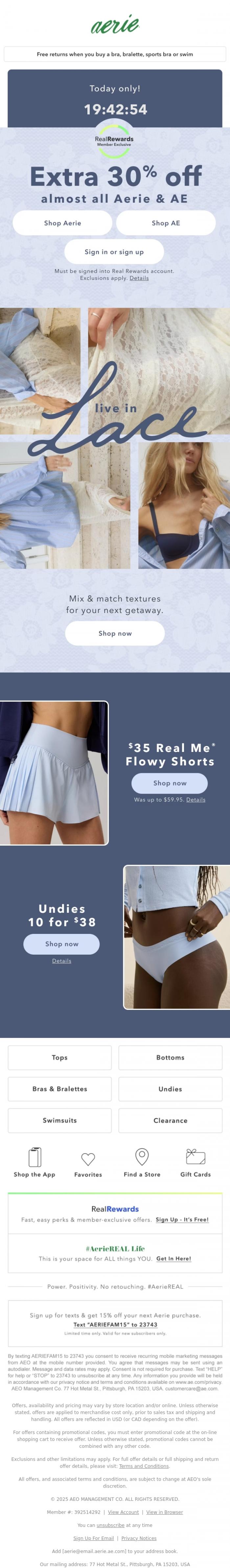 Email Design Inspiration from Aerie's Labor Day Sale, TODAY ONLY! Extra 30% off almost all Aerie & AE