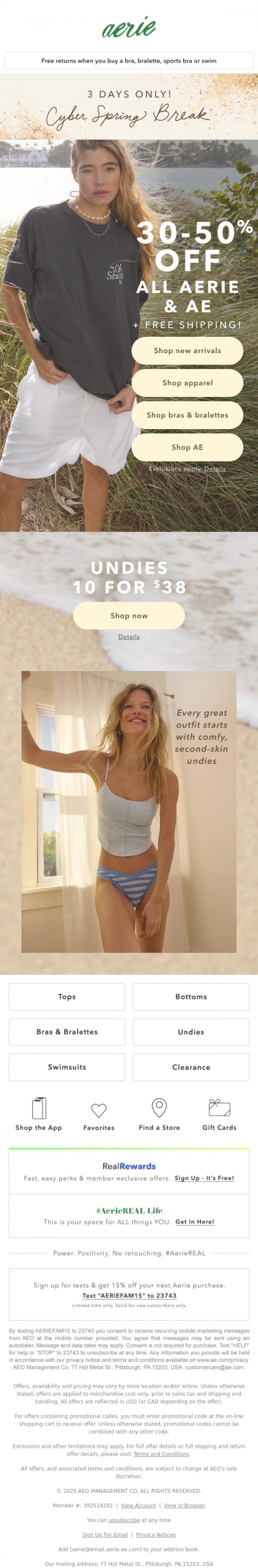 Email Design Inspiration from Aerie's Labor Day Sale, CYBER SPRING BREAK SALE STARTS TODAY! 30-50% off all Aerie & AE (+ free shipping...!) ☀️☀️☀️