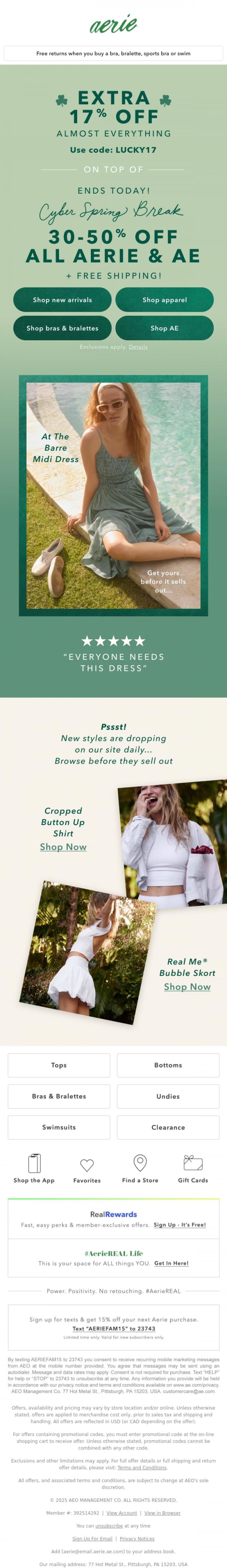 Email Design Inspiration from Aerie's Labor Day Sale, Your luck came early 🍀 EXTRA 17% off on top of Cyber Spring Break saves