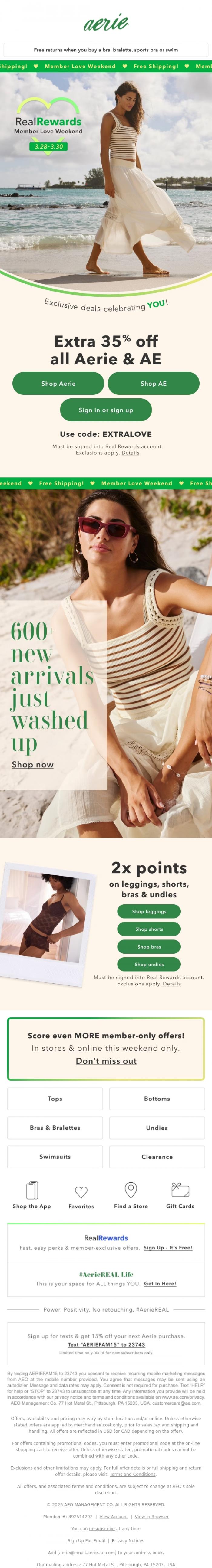 Email Design Inspiration from Aerie's Labor Day Sale, Member Love Weekend is BACK! Extra 35% off for Real Rewards members