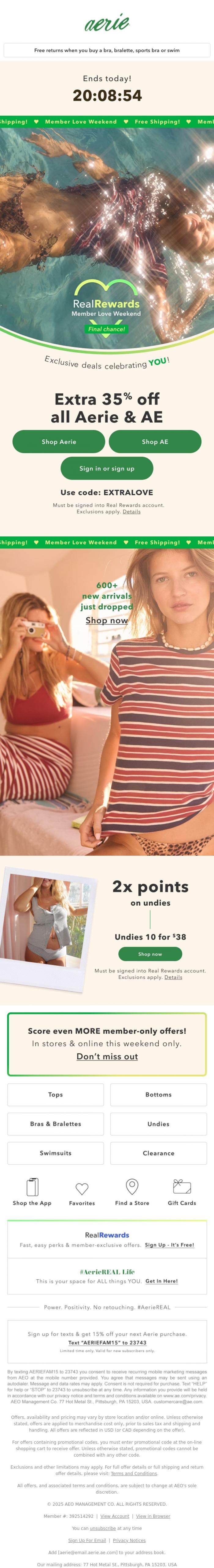 Email Design Inspiration from Aerie's Labor Day Sale, Member Love Weekend ends... TODAY! Extra 35% off