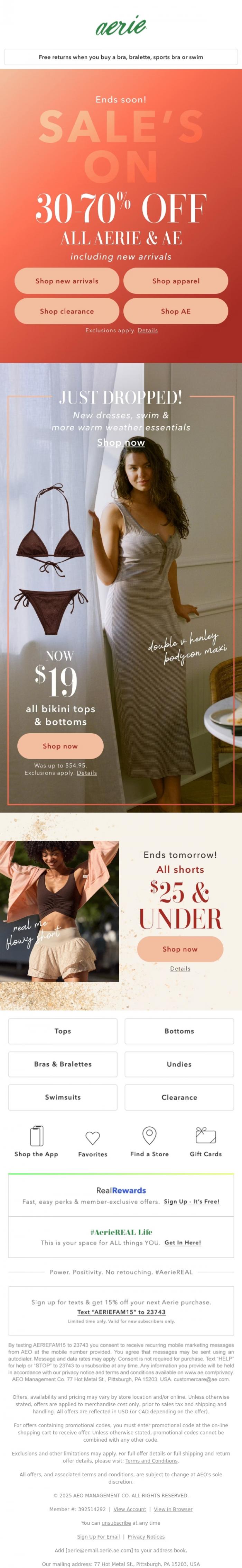 Email Design Inspiration from Aerie's Labor Day Sale, 30-70% OFF ALL AERIE & AE! This is not a drill 🚨