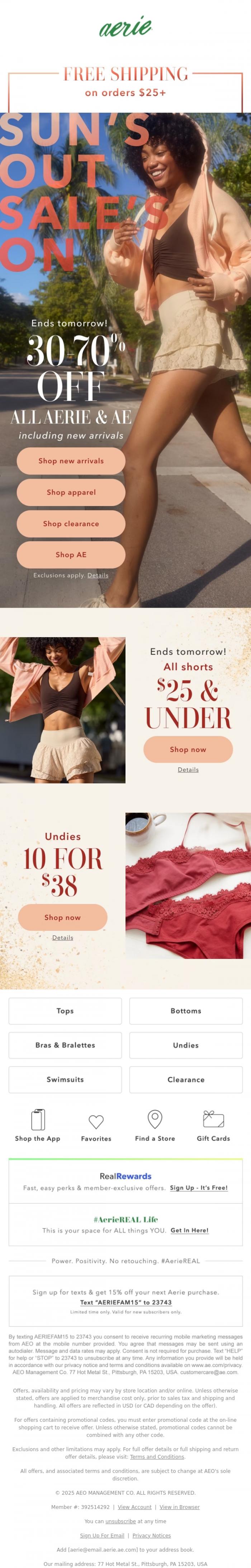 Email Design Inspiration from Aerie's Labor Day Sale, FREE shipping on orders $25+ STARTS NOW!