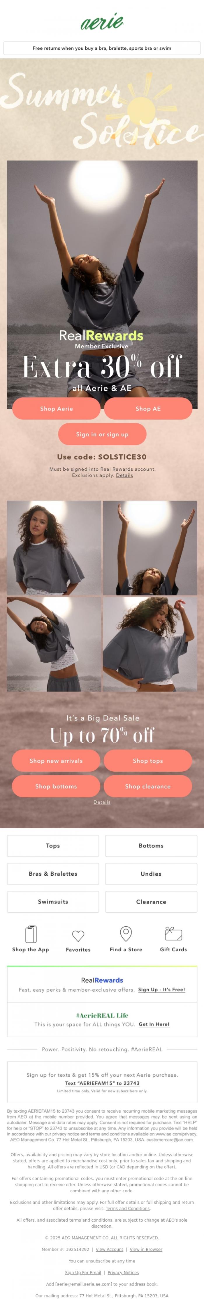 Email Design Inspiration from Aerie's Labor Day Sale, Early access: extra 30% off all Aerie & AE just for Real Rewards members