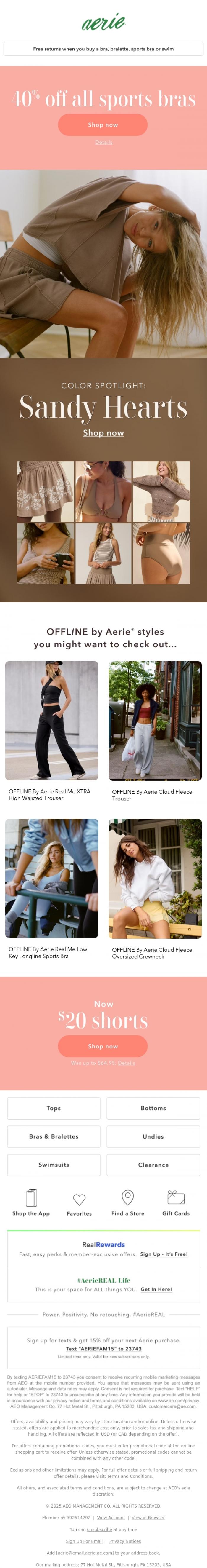 Email Design Inspiration from Aerie's Labor Day Sale, 40% OFF ALL SPORTS BRAS