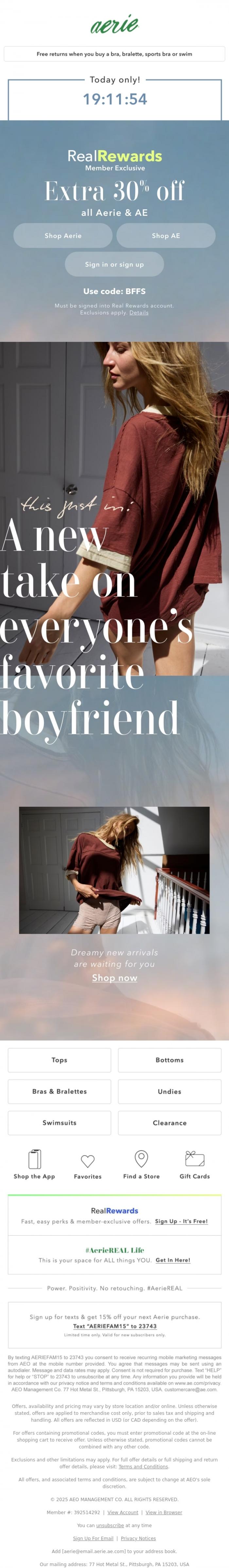 Email Design Inspiration from Aerie's Labor Day Sale, Extra 30% off all Aerie & AE 💚💚