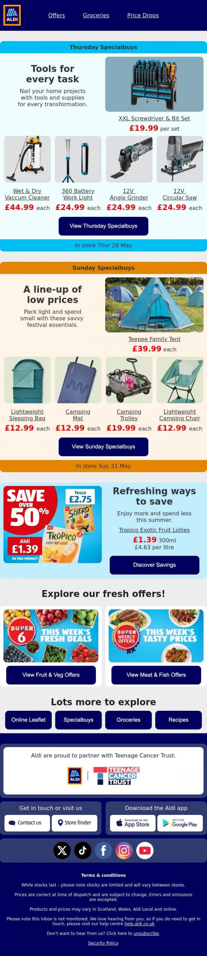 Email Design Inspiration from ALDI UK, Pitch perfect prices. ⛺