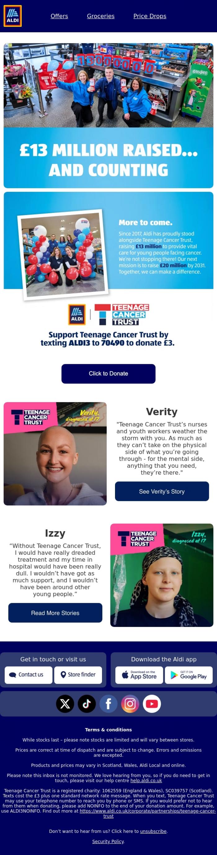Email Design Inspiration from ALDI UK, We've raised &pound;13 million for Teenage Cancer Trust 🎉