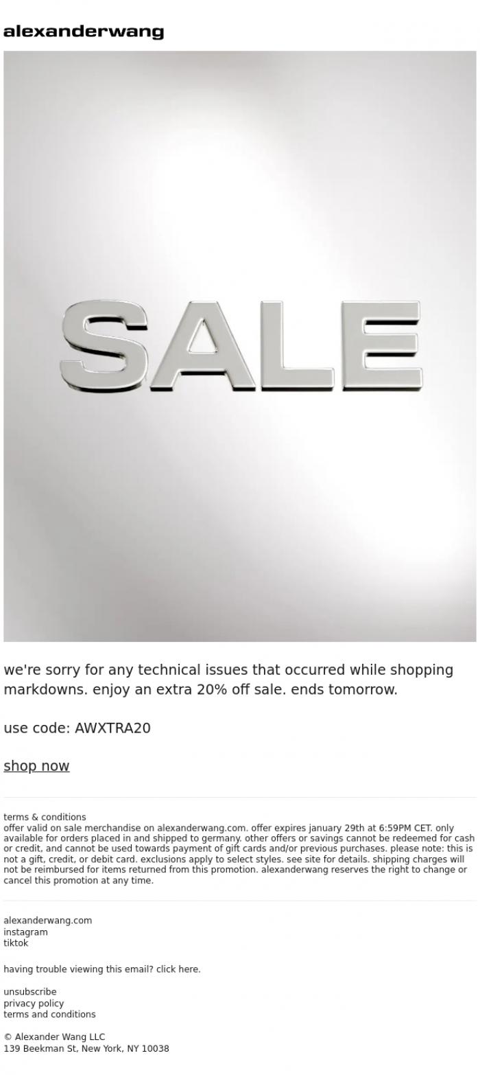 Email Design Inspiration from alexanderwang, extra 20% off sale-now extended