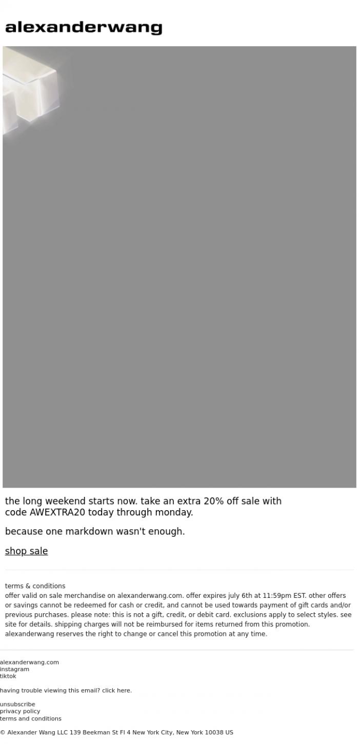 Email Design Inspiration from alexanderwang, extra 20% off sale starts now.