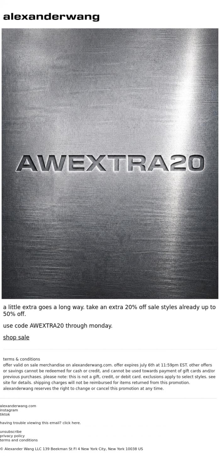 Email Design Inspiration from alexanderwang, out of office. into an extra 20% off sale.