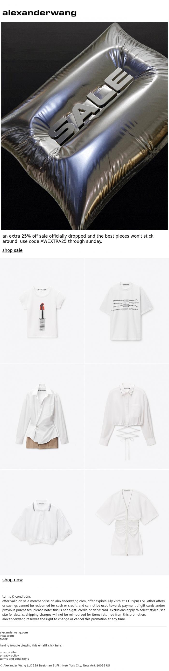 Email Design Inspiration from alexanderwang, extra 25% off sale. don't miss this drop.