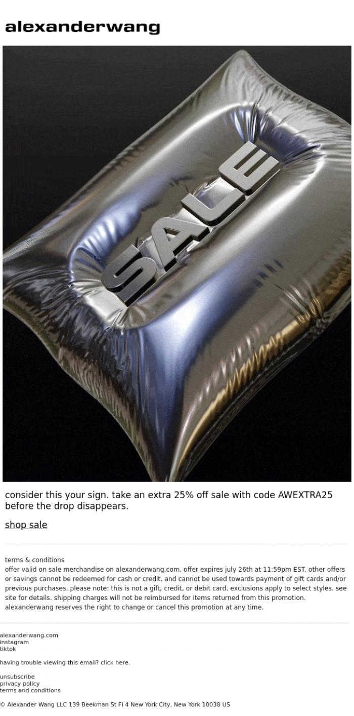 Email Design Inspiration from alexanderwang, extra 25% off sale. this drop waits for no one.