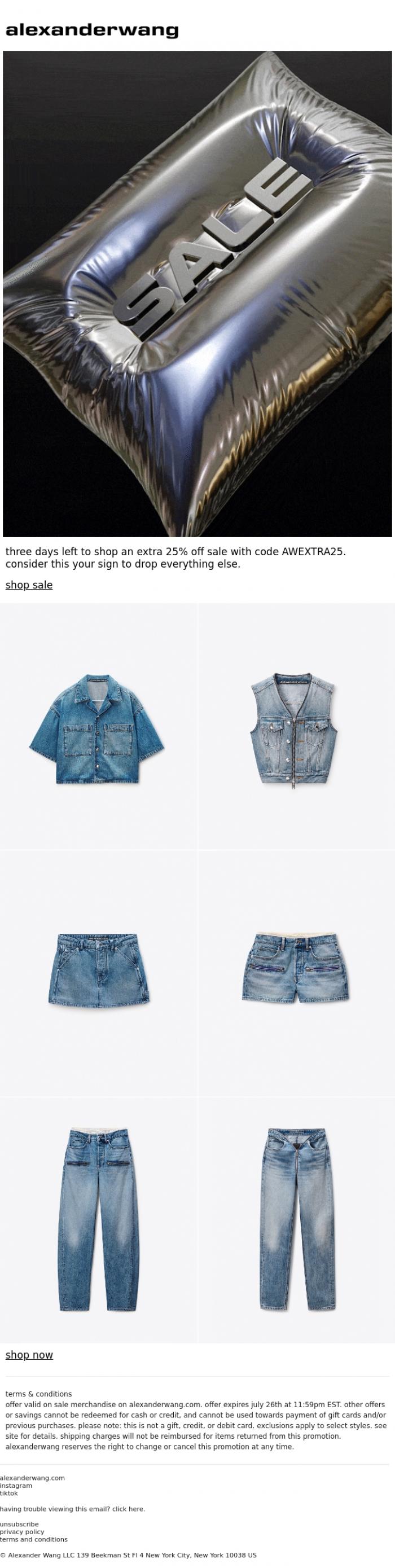 Email Design Inspiration from alexanderwang, extra 25% off sale ends sunday.