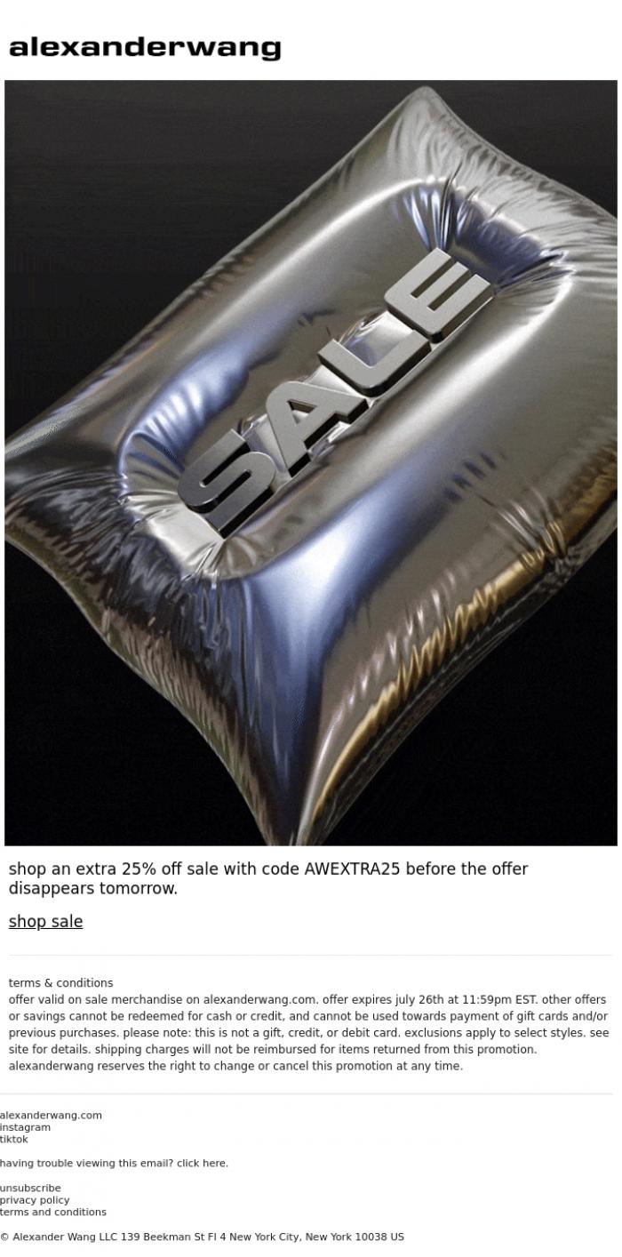 Email Design Inspiration from alexanderwang, extra 25% off sale ends tomorrow.
