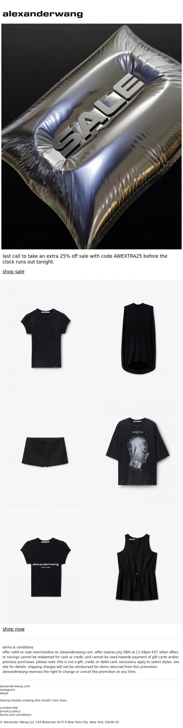 Email Design Inspiration from alexanderwang, extra 25% off sale. good to the last drop.