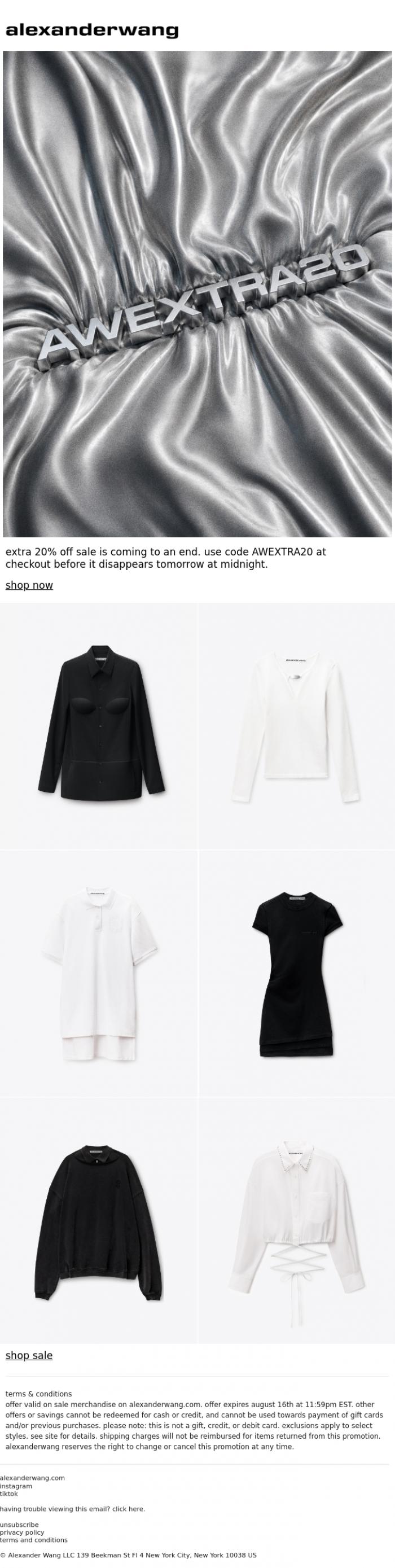 Email Design Inspiration from alexanderwang, extra 20% off sale is ending soon. 