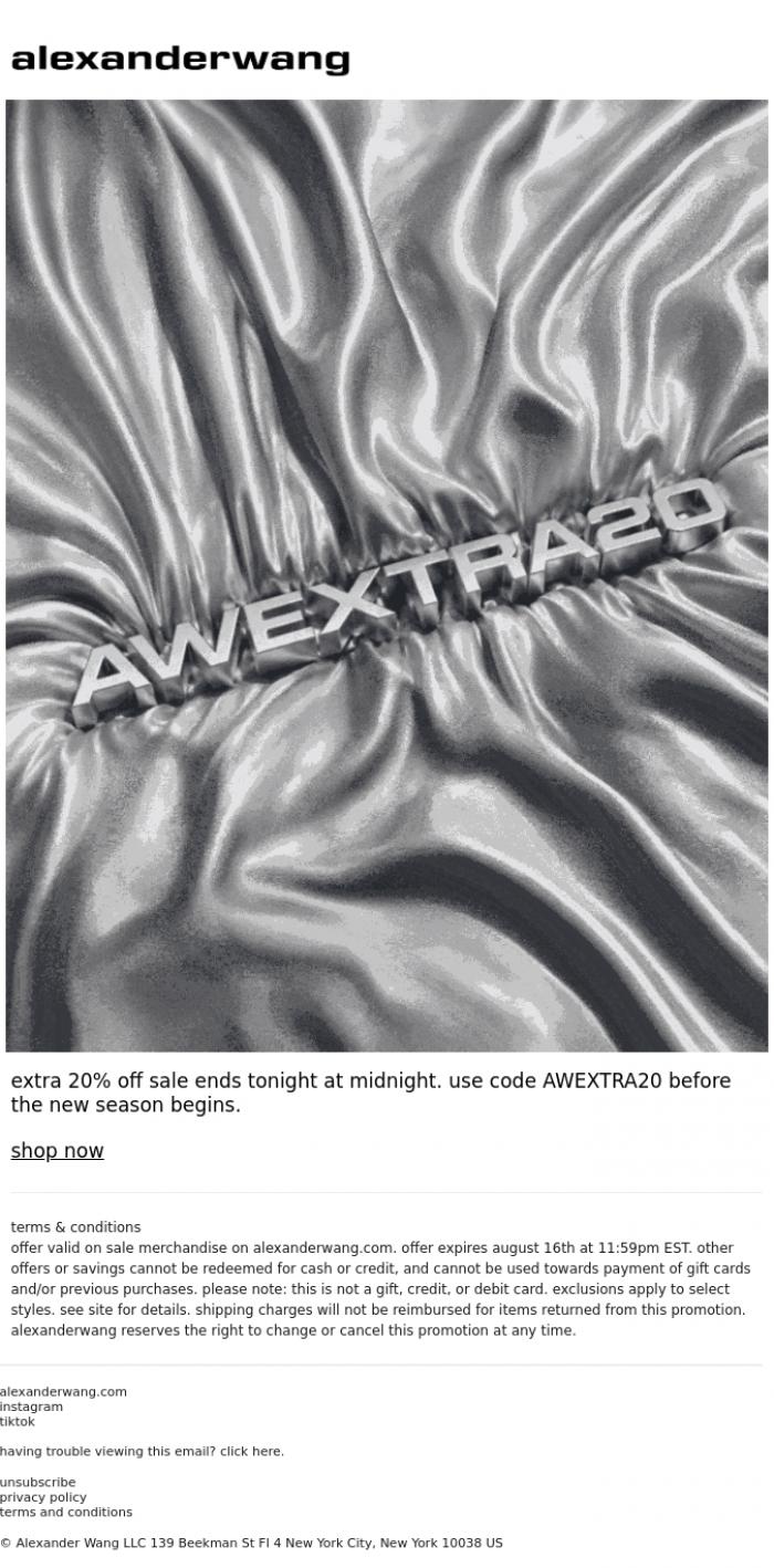 Email Design Inspiration from alexanderwang, ends tonight: extra 20% off sale