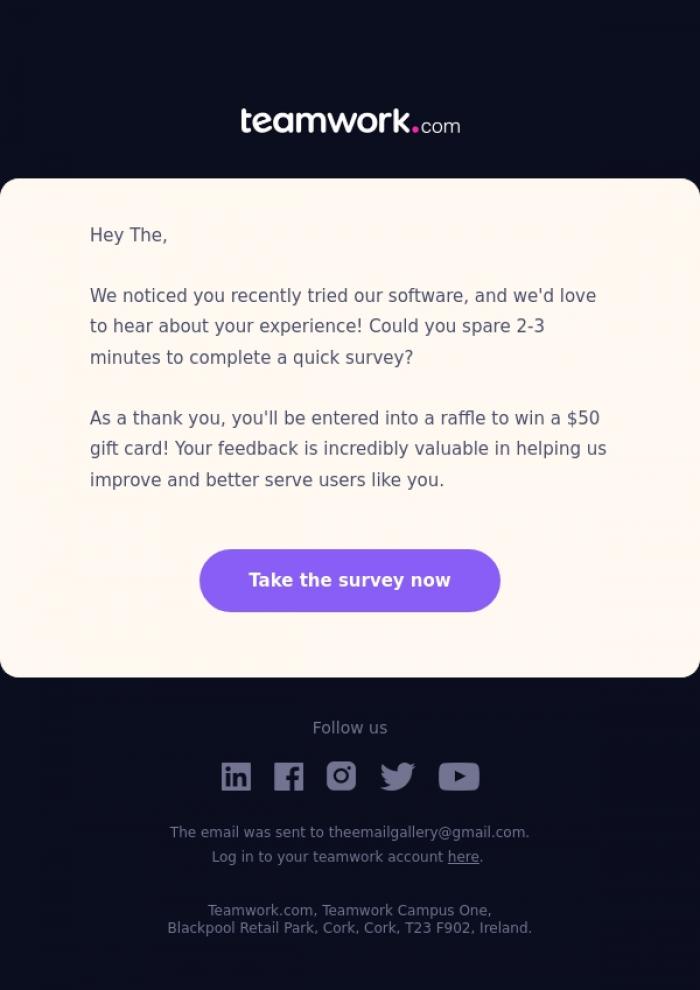 Email Design Inspiration from Alexandra @Teamwork.com, Help us improve our trial for a chance to win a $50 gift card!