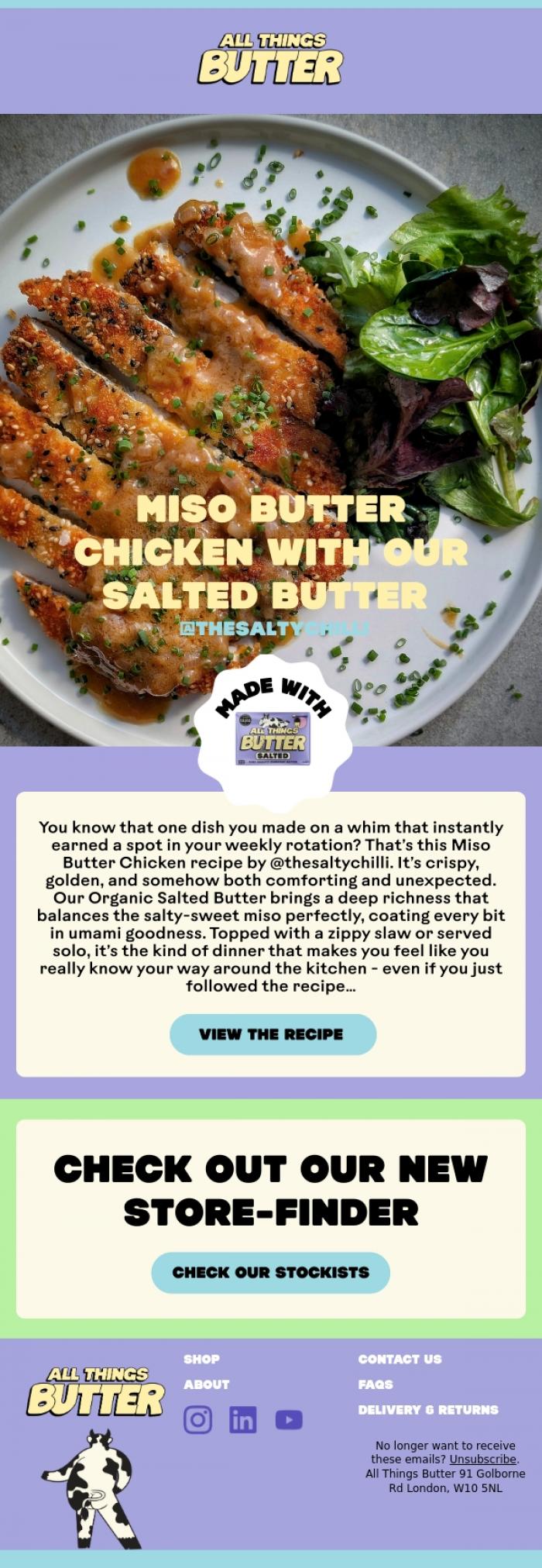 Email Design Inspiration from All Things Butter, The BEST miso butter chicken ever