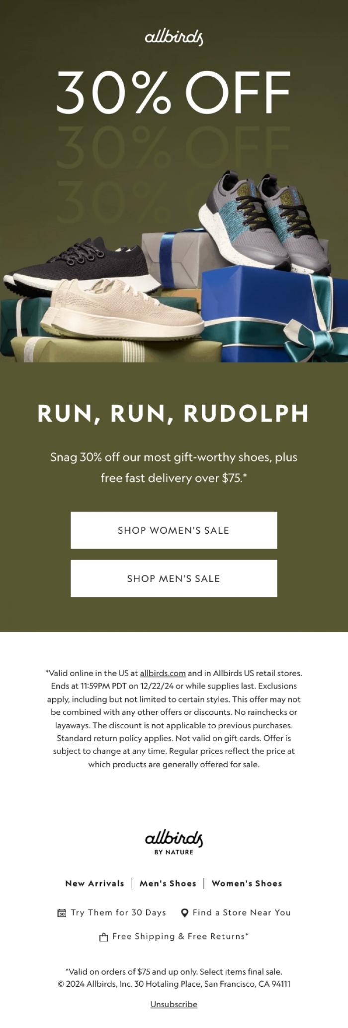 Email Design Inspiration from Allbirds, 30% Off Last-Minute Gifts, On Now 🎁