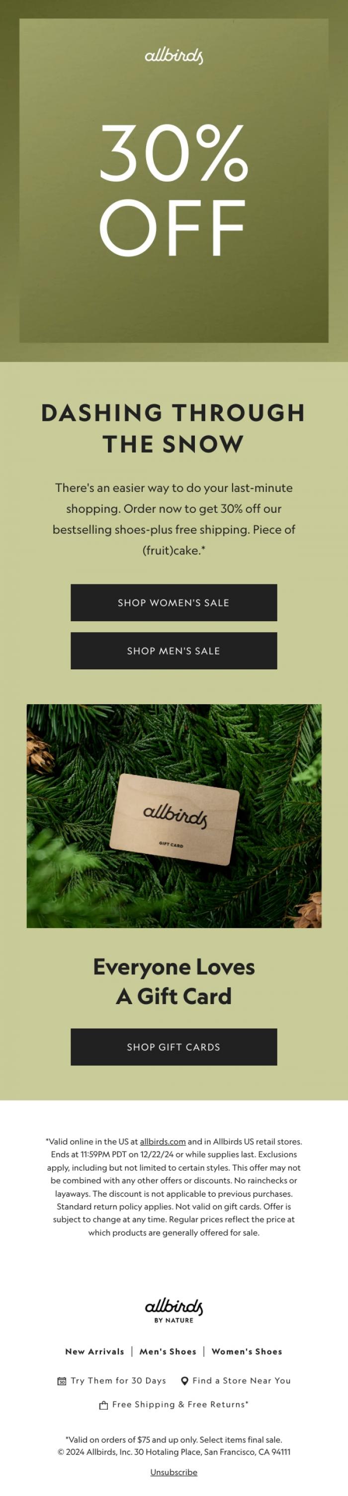 Email Design Inspiration from Allbirds, Ends Soon: 30% Off Last-Minute Gifts