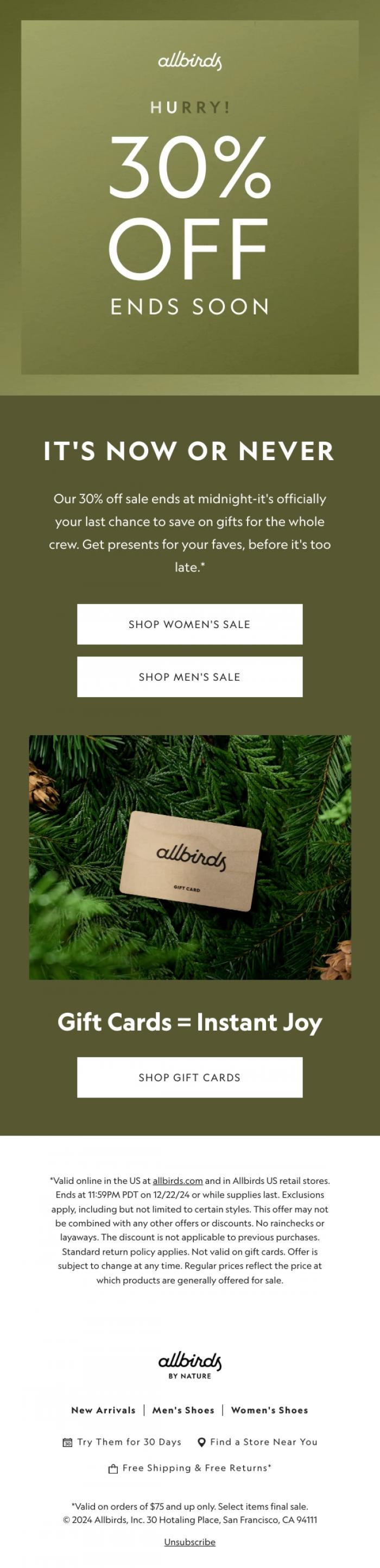 Email Design Inspiration from Allbirds, Final Hours! 30% Off Gifts Galore 🎁