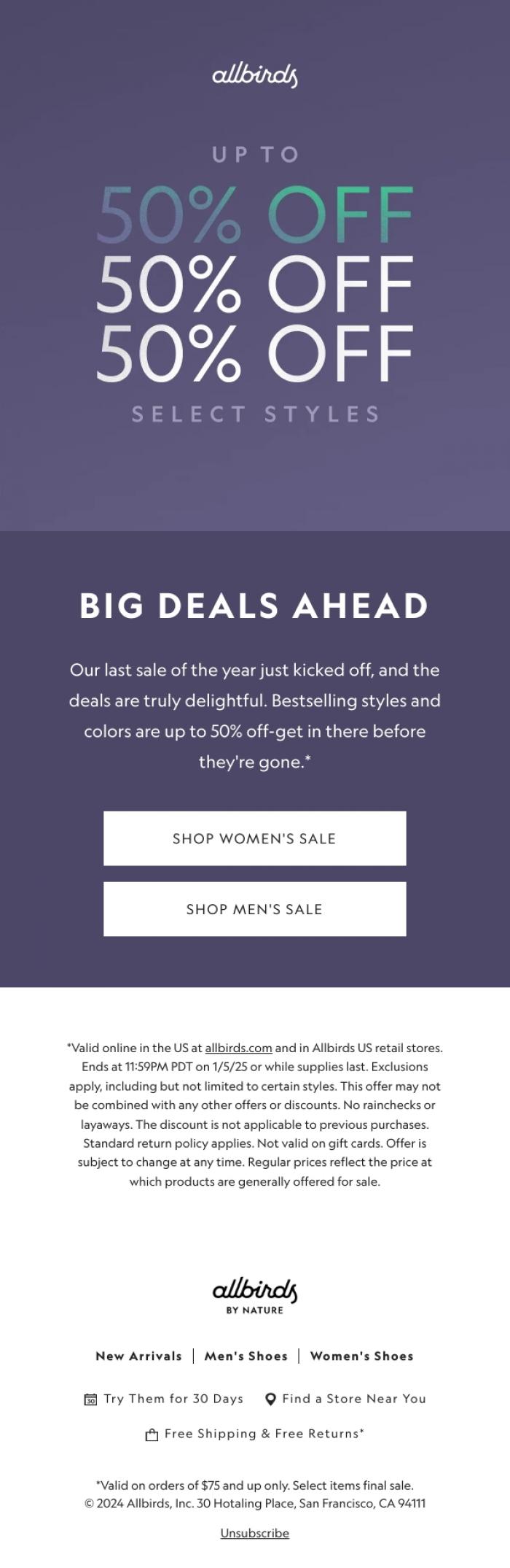 Email Design Inspiration from Allbirds, End Of Season Sale! Up To 50% Off 🎉  