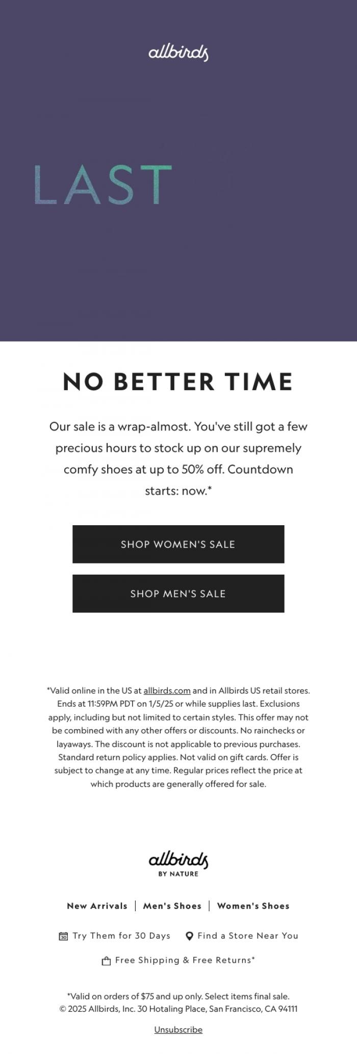 Email Design Inspiration from Allbirds, Final Hours! Up To 50% Off Select Styles