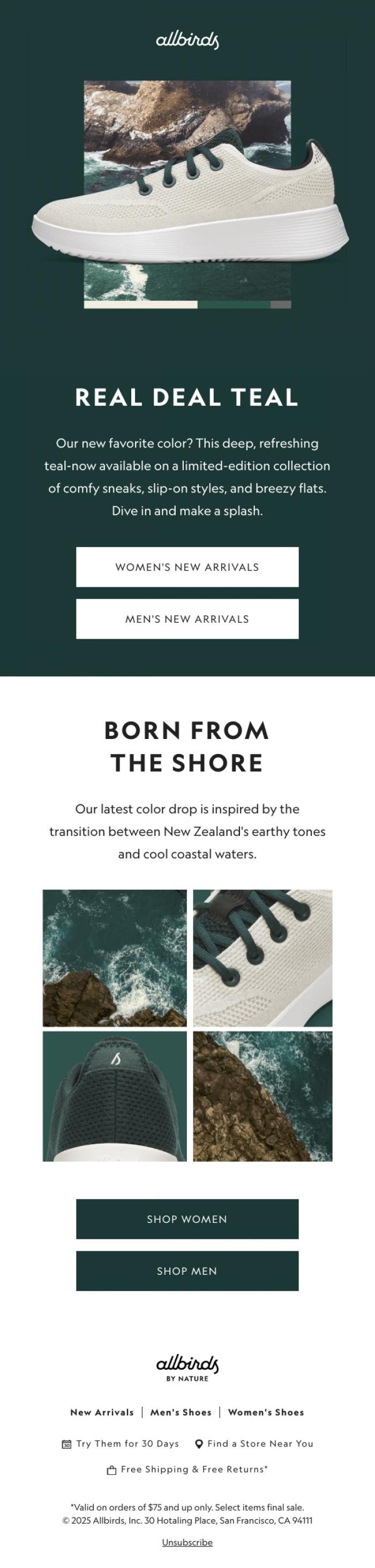 Email Design Inspiration from Allbirds, Kinda Green, Kinda Blue, Totally New.