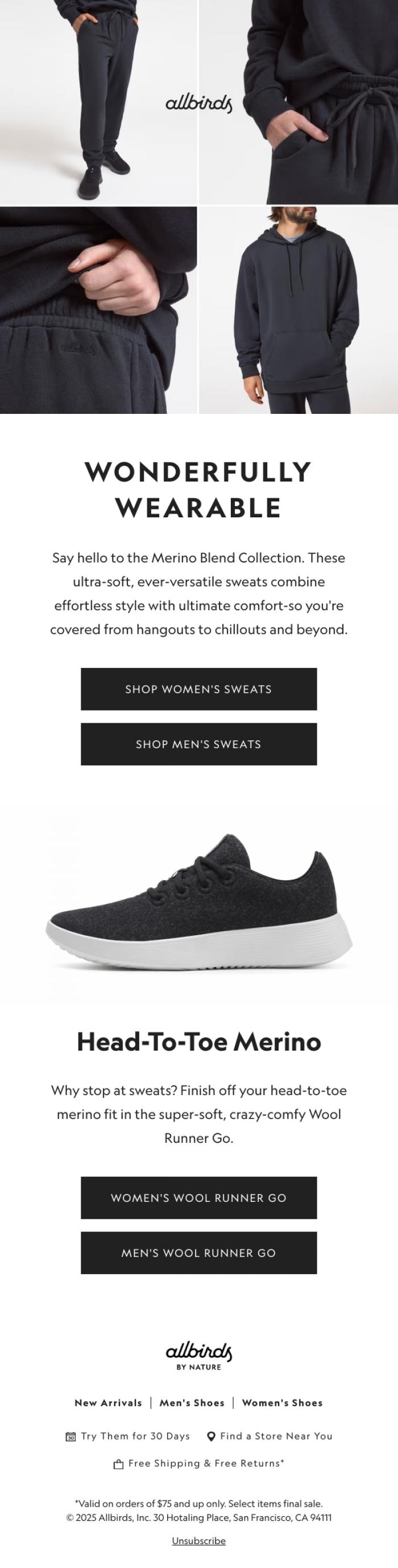 Email Design Inspiration from Allbirds, New, Ultra-Soft Merino Wool Sweats 🐑