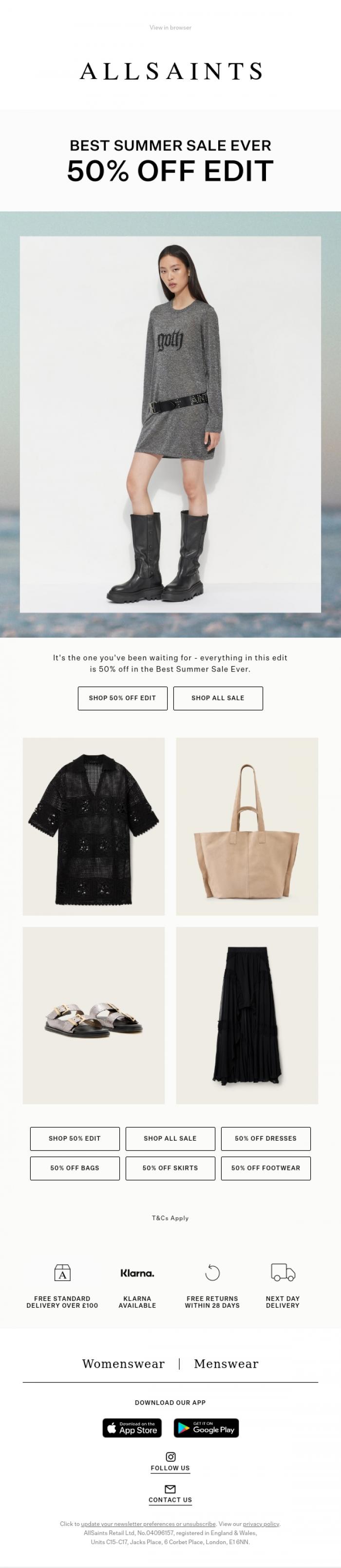 Email Design Inspiration from AllSaints, Sale: The 50% Off Edit