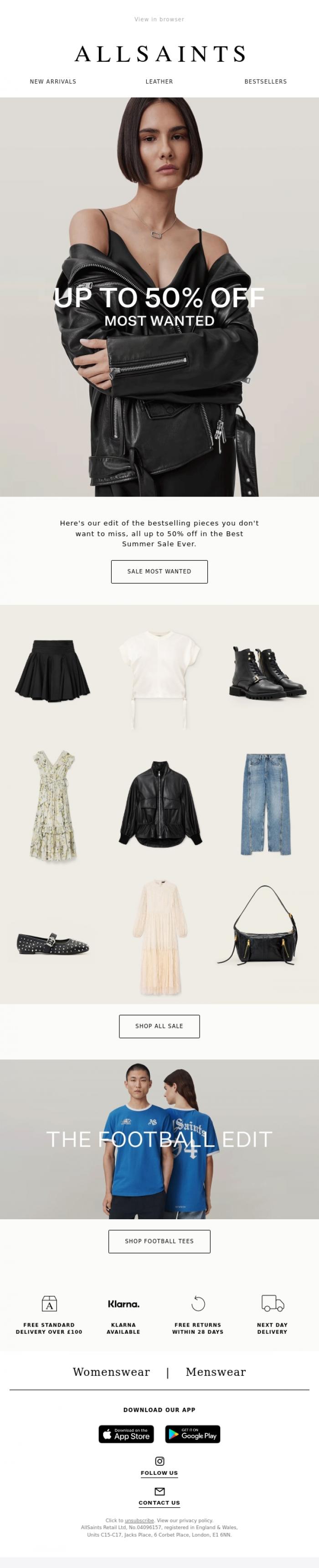 Email Design Inspiration from AllSaints, Up To 50% Off: Most Wanted