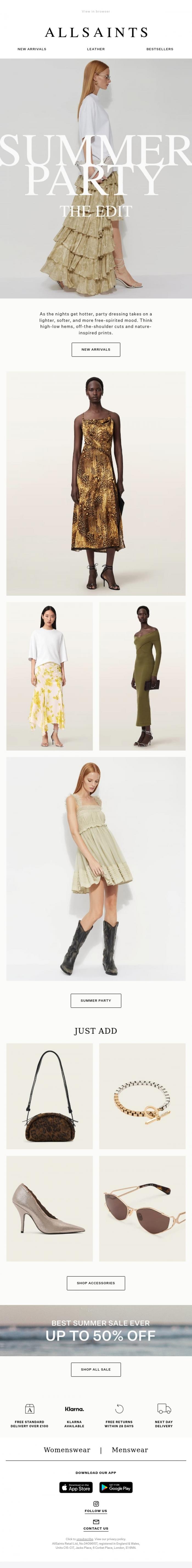 Email Design Inspiration from AllSaints, New: The Summer Party Edit