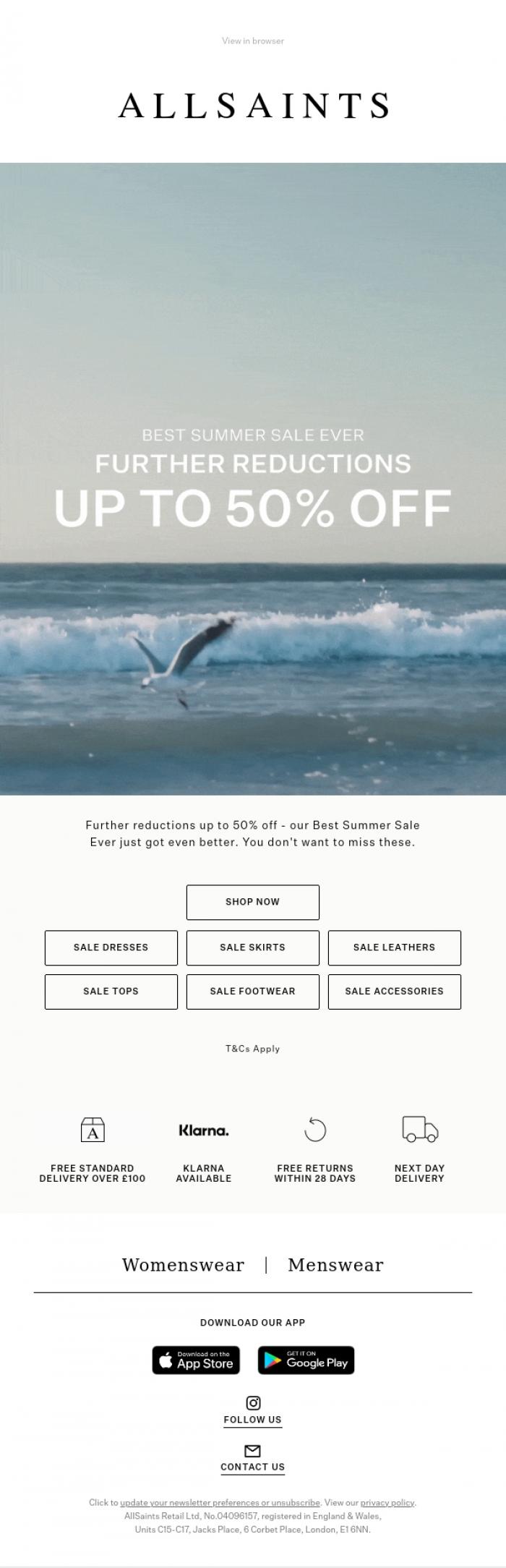 Email Design Inspiration from AllSaints, Further Reductions: Sale Up To 50% Off