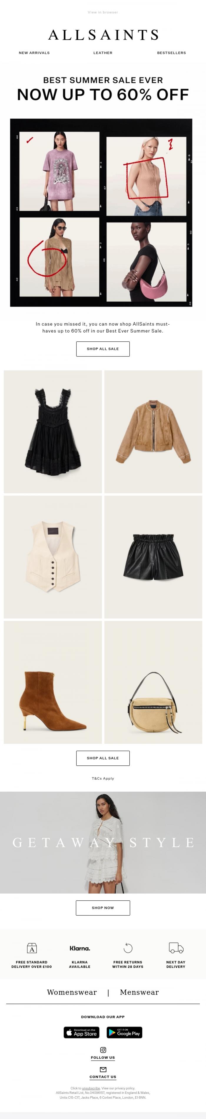 Email Design Inspiration from AllSaints, Don't miss it: Up to 60% off Sale