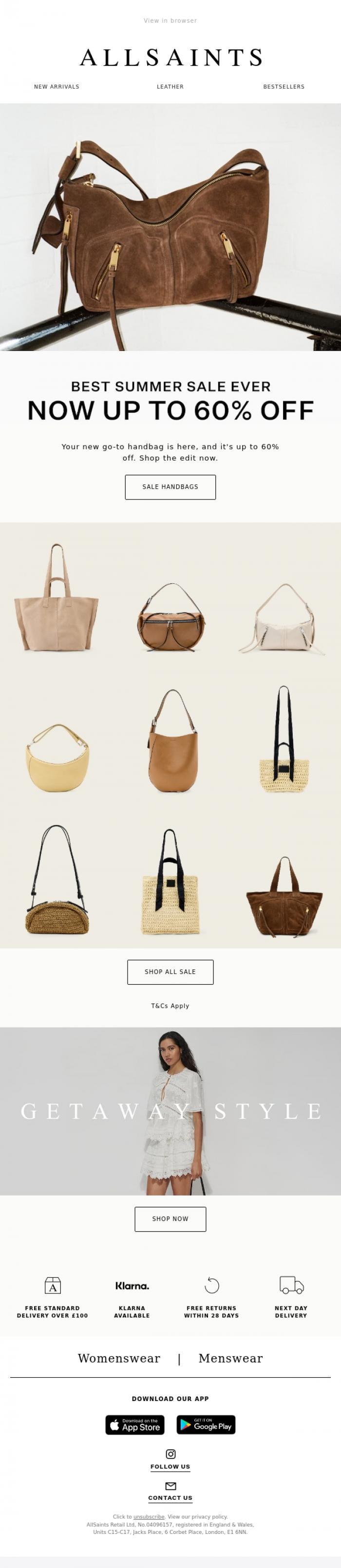 Email Design Inspiration from AllSaints, Up To 60% Off: The Bag Edit