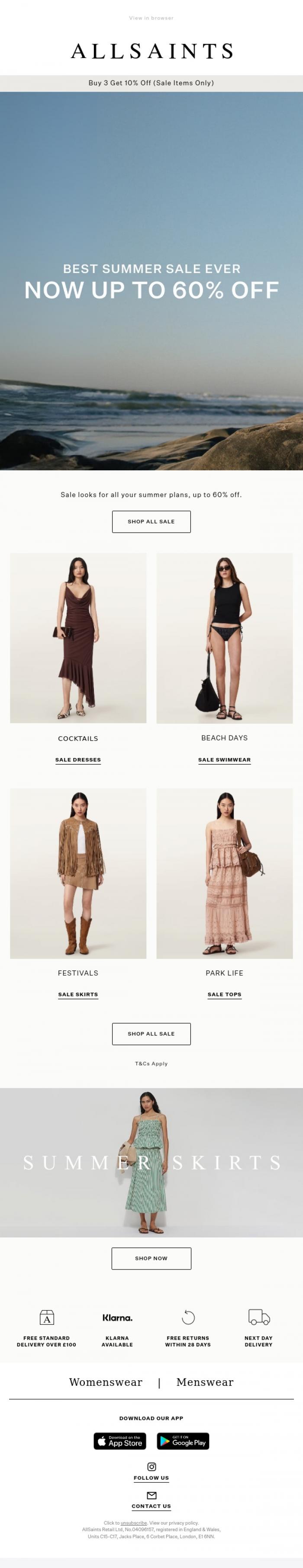 Email Design Inspiration from AllSaints, Sale looks for every plan, up to 60% off