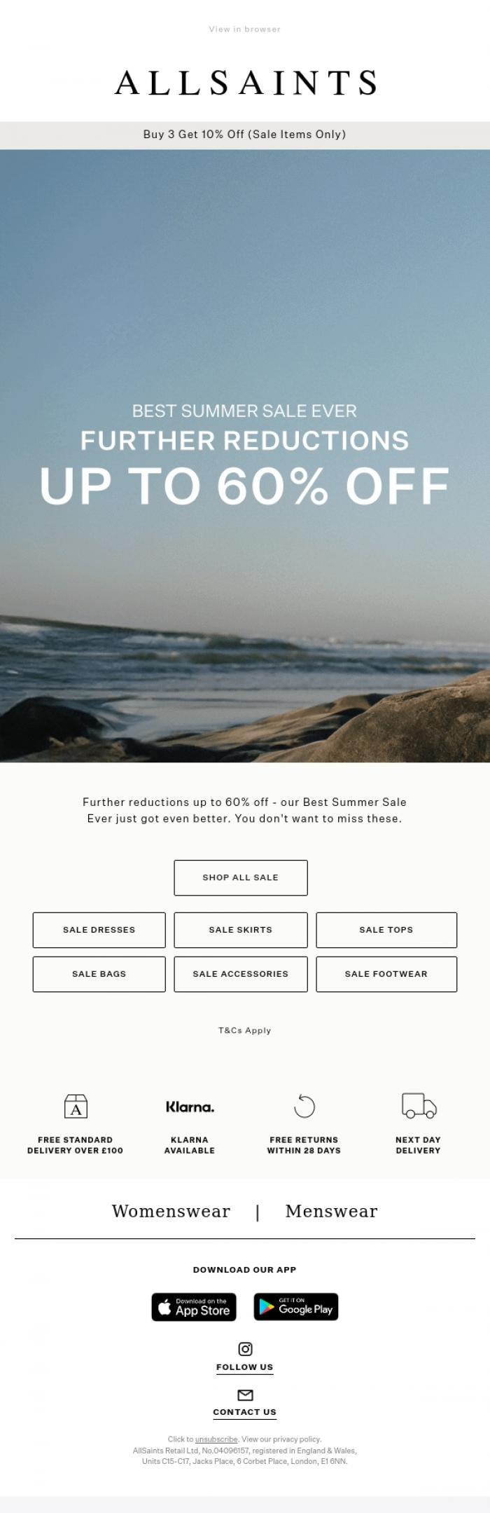Email Design Inspiration from AllSaints, SALE Update: Further Reductions