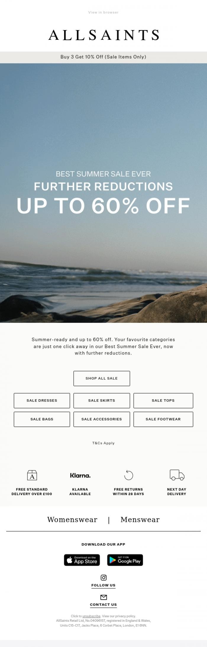 Email Design Inspiration from AllSaints, Up To 60% Off Your Favourite Categories