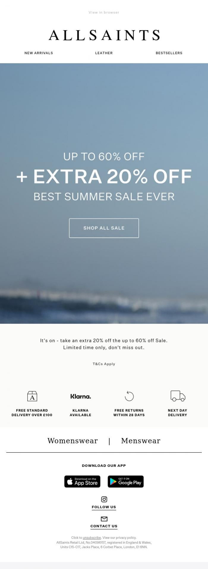 Email Design Inspiration from AllSaints, Extra 20% Off Now On - Sale Got Better