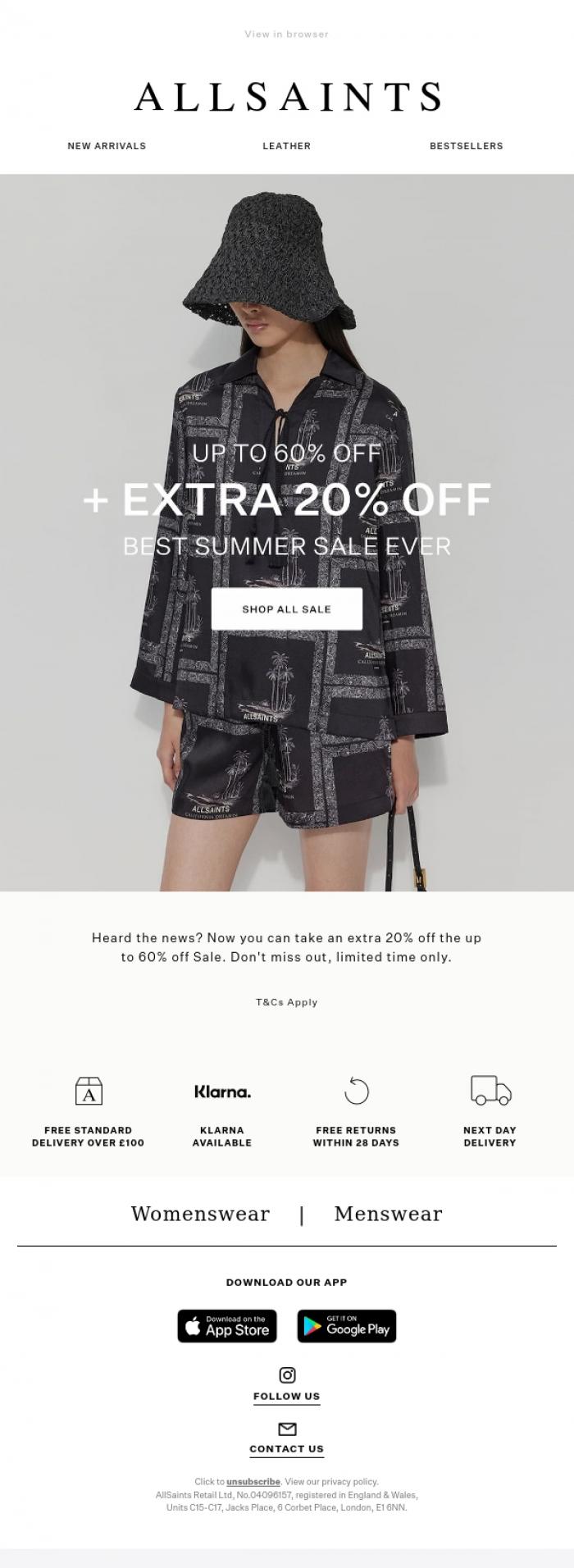 Email Design Inspiration from AllSaints, Limited Time: Extra 20% Off Sale