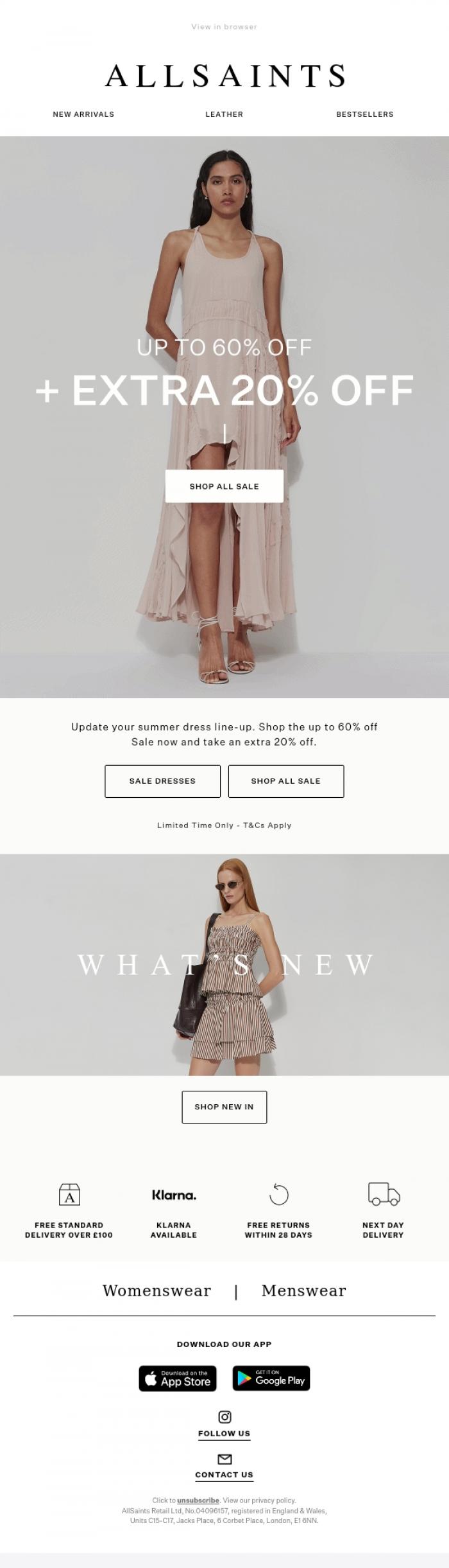 Email Design Inspiration from AllSaints, Extra 20% Off Sale Dresses
