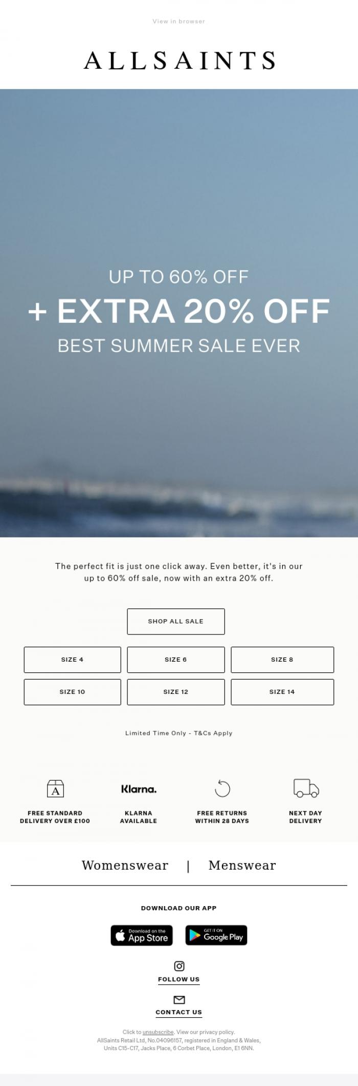 Email Design Inspiration from AllSaints, Extra 20% Off Sale: We've Got Your Size