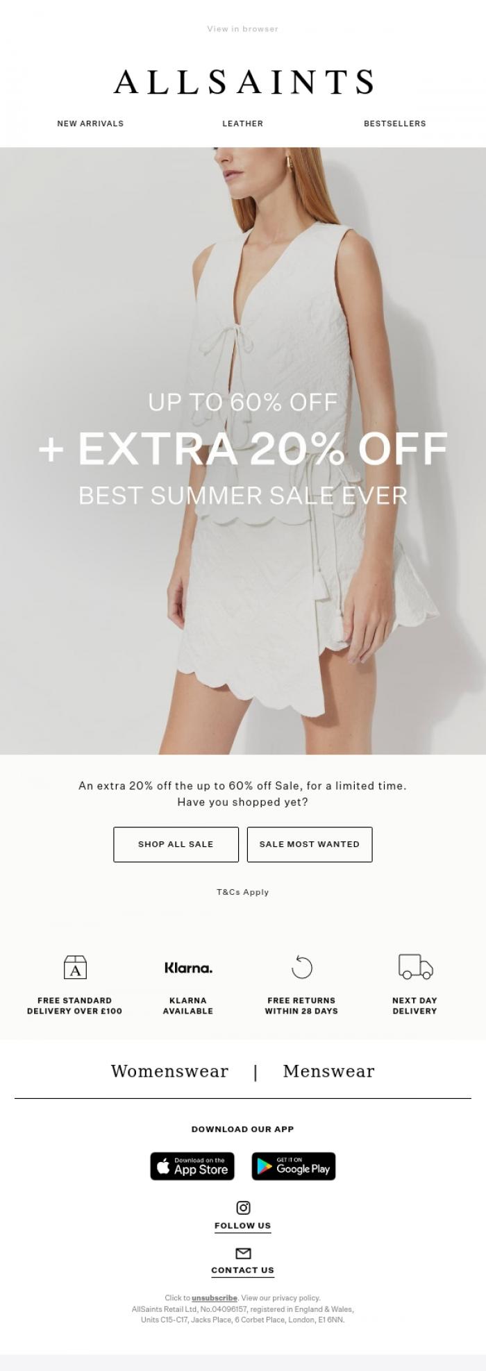 Email Design Inspiration from AllSaints, Don't Forget, Extra 20% Off Sale