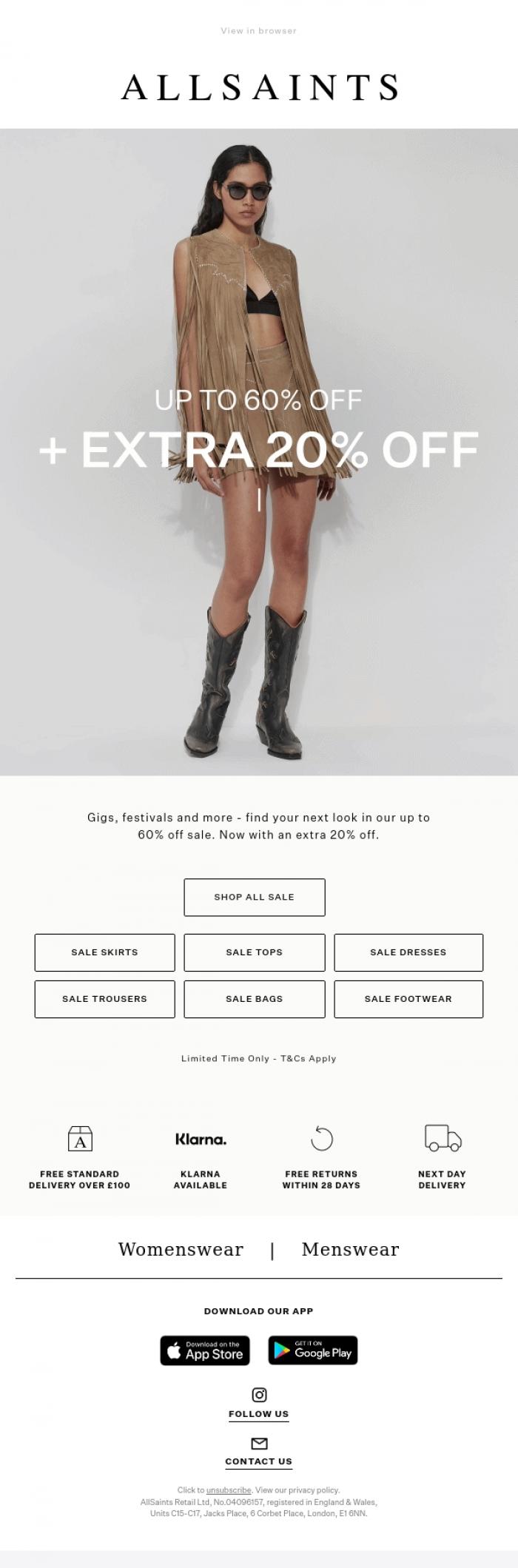 Email Design Inspiration from AllSaints, Extra 20% Off Sale: Festival Looks