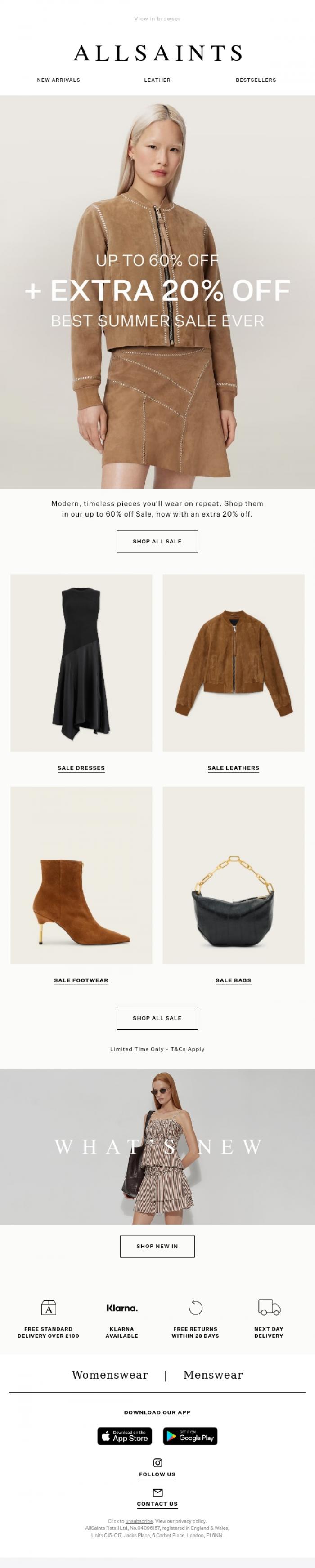 Email Design Inspiration from AllSaints, Extra 20% Off Sale: Modern Classics