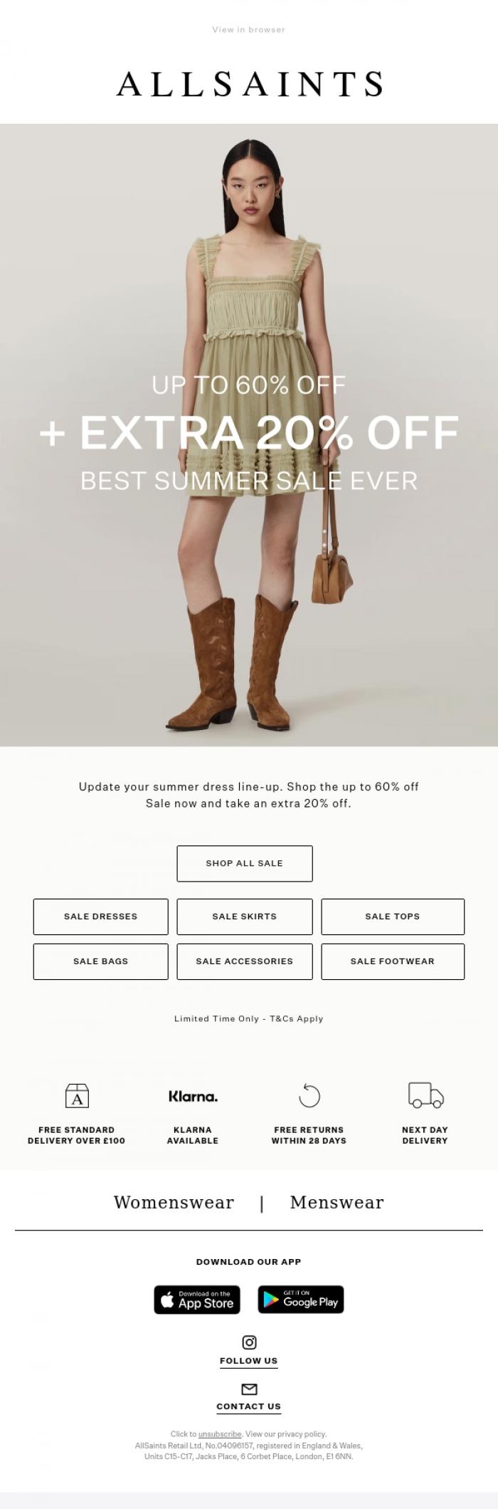 Email Design Inspiration from AllSaints, Extra 20% Off Sale Dresses